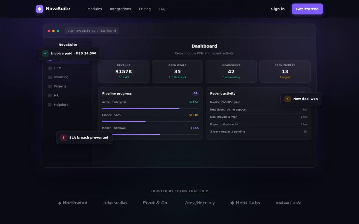 NovaSuite business dashboard preview
